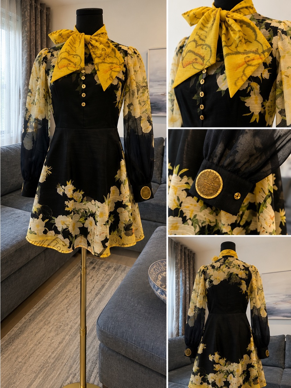 Fashion Nova Black and Yellow Floral Mini Dress with Bow Neck
